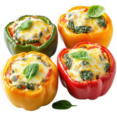 Stuffed bell peppers isolated on transparent background, filled with spinach and cheese, culinary use.