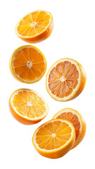 Fototapeta premium flying orange and half slices isolated on transparent background Remove png, Clipping Path