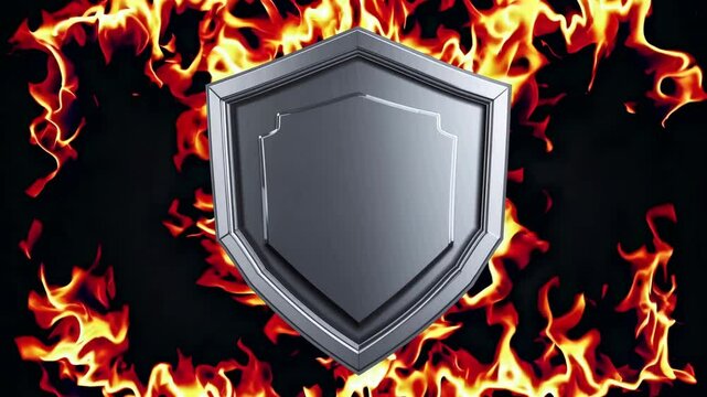Metallic shield glowing against blazing flames, symbolizing strength, defense, and resilient power