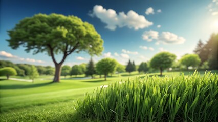 Obraz premium Vibrant Green Grass in Foreground with Blurred Sunny Park Background