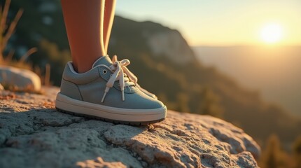 Naklejka premium Old child’s sneaker left on sunlit granite, evoking a sense of loss