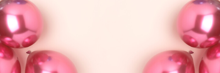 Banner with frame made of pink air balloons on a beige background.