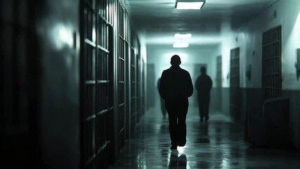 A dimly lit corridor in an abandoned prison features shadows and reflections, creating an eerie atmosphere at night - Powered by Adobe