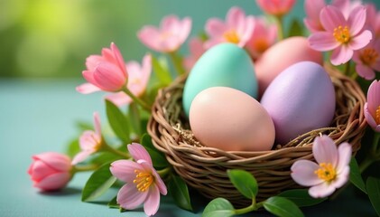 Pastel colored eggs nestled in a spring flower arrangement Soft focus, natural light , Easter basket, close-up