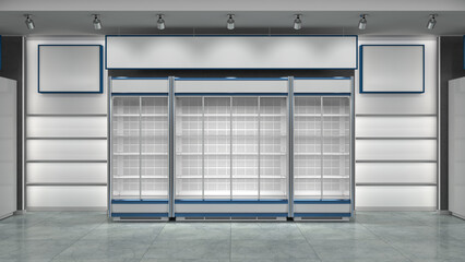 Shop interior with commercial refrigerators, white niches with shelves, lightbox and lighting, hanging banner. 3d illustration