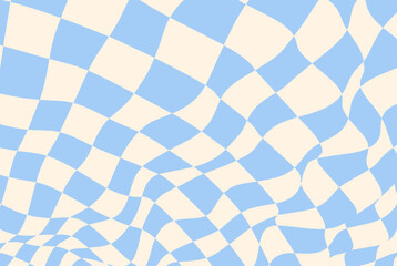 Checkerboard pattern with wavy check background and trippy chess texture. Warped board design with abstract black and white swirl grid. Retro textile with seamless squiggle motion and liquid tile