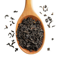Black tea leaves in wooden spoon isolated on transparent background for culinary, health, and beverage designs.