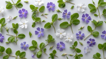 Vinca Flowers and Green Leaves Flat Lay on White Background Overhead View Botanical Arrangement Springtime
