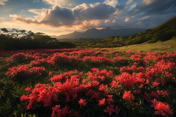 Fototapeta premium • Carpet of blooming red flowers under a glowing sky, creating a vivid contrast with the lush green field --