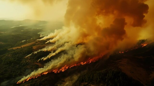 Aerial view of a wildfire spreading through a forest with thick smoke trails and vivid reds and greens.