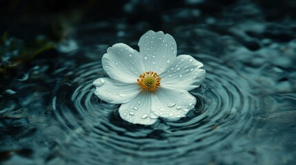 Delicate white flower on rippled water