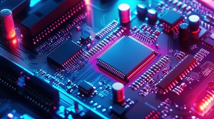 Abstract Circuit Board Technology Digital Art Neon Pink Blue Glow chip data light color style image