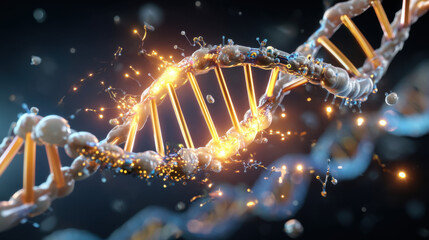 An abstract 3D render shows strands of a double helix DNA model being dynamically disrupted by glowing energy particles with a dark blurred background.
