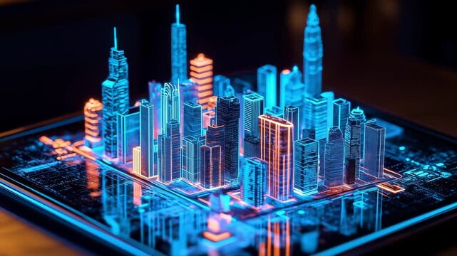 A detailed digital city model displays futuristic architecture and vibrant neon light features within an urban layout filled with technological elements