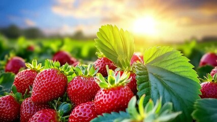Ripe strawberries in the field, basking in the warm rays of the setting sun, surrounded by lush greenery