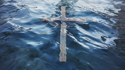 Wooden Cross Floating on Tranquil Blue Water