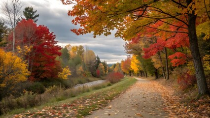 Scenic Autumn Pathway Along a Calm River with Vibrant Fall Foliage