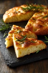 Close-up of Sliced Rosemary Focaccia Bread on a Dark Slate Board in a Rustic Kitchen Setting Food Photography