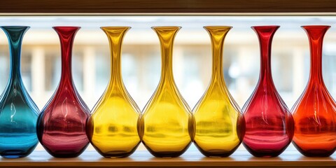 Fototapeta premium Colorful Glass Vases Row Home Decor Bright Yellow Red Blue Glassware Life Teal Deep Rich Still Shiny