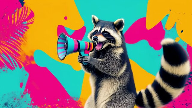 A raccoon holds a bright megaphone and seems excited while colorful patterns fill the background