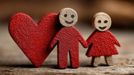 Love and Family: A trio of lovingly crafted wooden figures – a heart and two smiling people holding hands, standing against a rustic wooden backdrop – symbolize the enduring bonds of love, family.