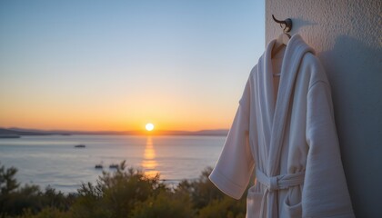 Fototapeta premium White Bathrobe Hanging on Hook at Sunse