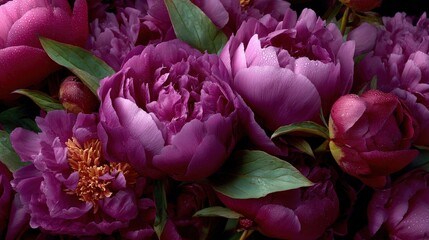 Obraz premium Purple Peonies Bloom: A close-up shot showcasing the rich, velvety texture and vibrant color of several purple peonies, their lush petals creating a stunning floral arrangement.