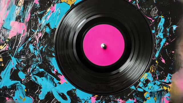 vinyl record with bright pink label against abstract colorful painted background surface pattern