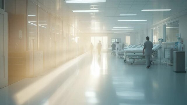 Medical staff move through a sunlit hospital corridor, captured in timelapse with blurred motion, symbolizing urgency and dedication