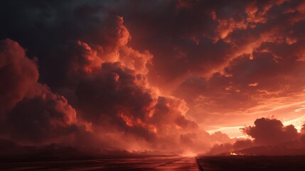 Dramatic red sunset over a dark landscape