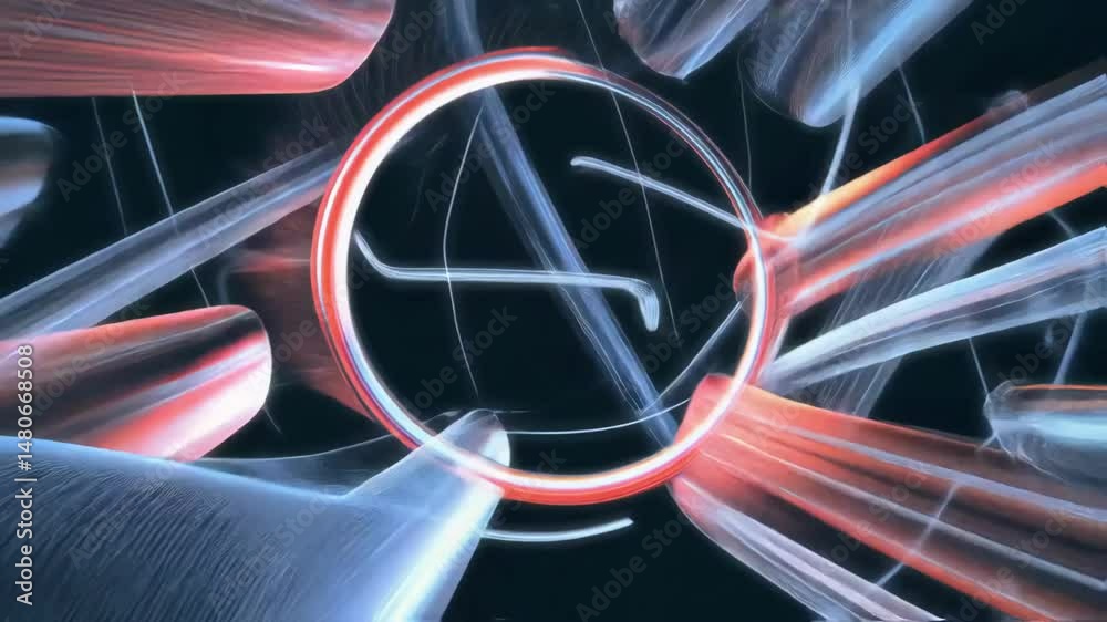 Poster abstract animation of red and blue glowing rings and lines moving smoothly in dark space, creating a