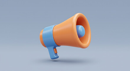 A vibrant orange and blue megaphone stands out against a soft blue background, symbolizing communication and public announcement.