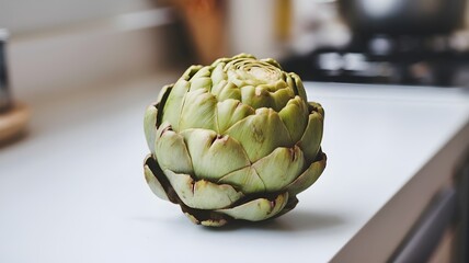 Fototapeta premium Close-up view of a fresh, green artichoke on a kitchen surface. This image captures the intricate layers and textures of the artichoke