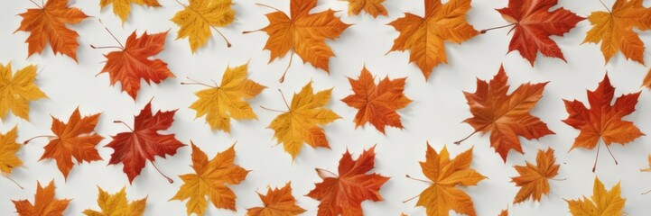 Intricate detail of several falling maple leaves, showcasing rich autumn colors on pure white  , stock photo, nature, image