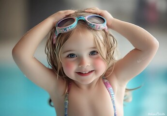 Cute Little Girl in Swimsuit with Goggles by Pool for Summer Classes and Activities Stock Material