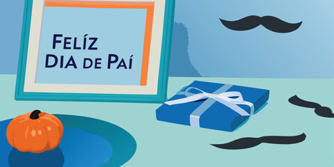 Festive dia de pai celebration design featuring presents and moustaches in a unique composition.