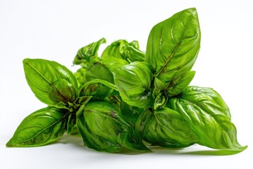 Fototapeta premium Fresh basil leaves close up on white background vibrant green aromatic herb culinary ingredient studio shot