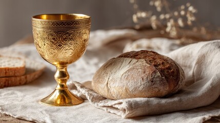 Communion Elements: A golden chalice and fresh bread rest on a linen cloth, creating a scene of solemn reverence and spiritual significance. This image captures the essence of faith and tradition.