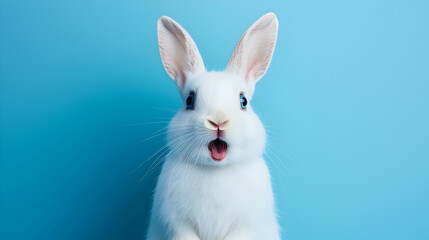 Obraz premium White Rabbit with Surprised Expression and Water Splashes on Blue Background