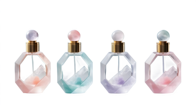 Modern Geometric Perfume Bottles with Pastel Colors - Luxury Cosmetic Product Photography for Beauty and Fragrance Marketing - Isolated on Transparent Background