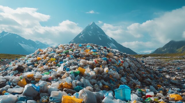 Plastic waste polluting pristine mountain landscape, environmental damage