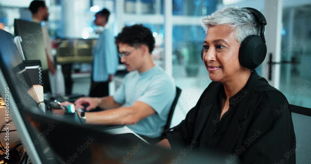 Poster woman, programmer and headphones with computer in office for it, listen to music and software update
