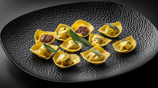 Regular view of Agnolotti del Plin small stuffed pasta pocket filled roast meat served butter sauce sage presented black textured plate Piedmontese pasta northern Italy cut out isolated transparent