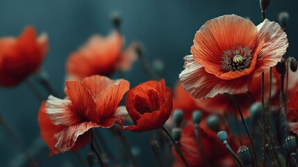 Poppy Symphony: A close-up view of a vibrant cluster of poppy flowers in full bloom, their delicate petals unfurling against a backdrop of soft, hazy blue. The image evokes a sense of delicate beauty.