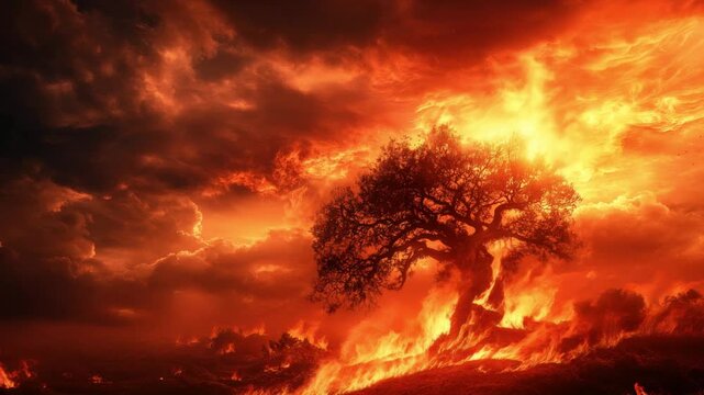 Dramatic wildfire scene engulfing a tree with intense flames against a dark smoky sky in vivid orange and red tones.