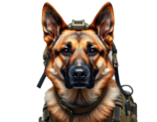 Alert German Shepherd Dog with Protective Headset - Working K9 Service Animal for Security and Military Operations - Isolated on Transparent Background