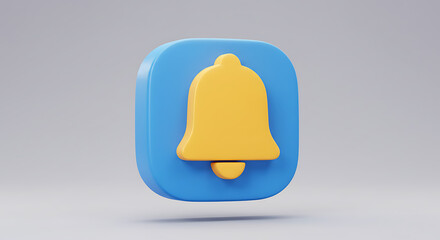 Fototapeta premium A vibrant 3D rendering of a bell icon on a blue rounded square, symbolizing alerts and notifications with its simple design.