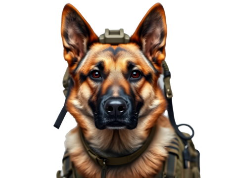 Alert German Shepherd Dog with Protective Headset - Working K9 Service Animal for Security and Military Operations - Isolated on Transparent Background