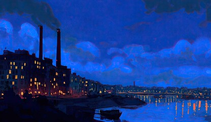 Fototapeta premium Nightfall on the industrial waterfront