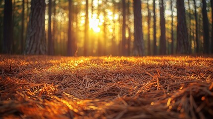Obraz premium Carolina pine straw carpet on forest floor with golden hour sunlight filtering through pine trees creating warm honey-toned natural texture of layered needles